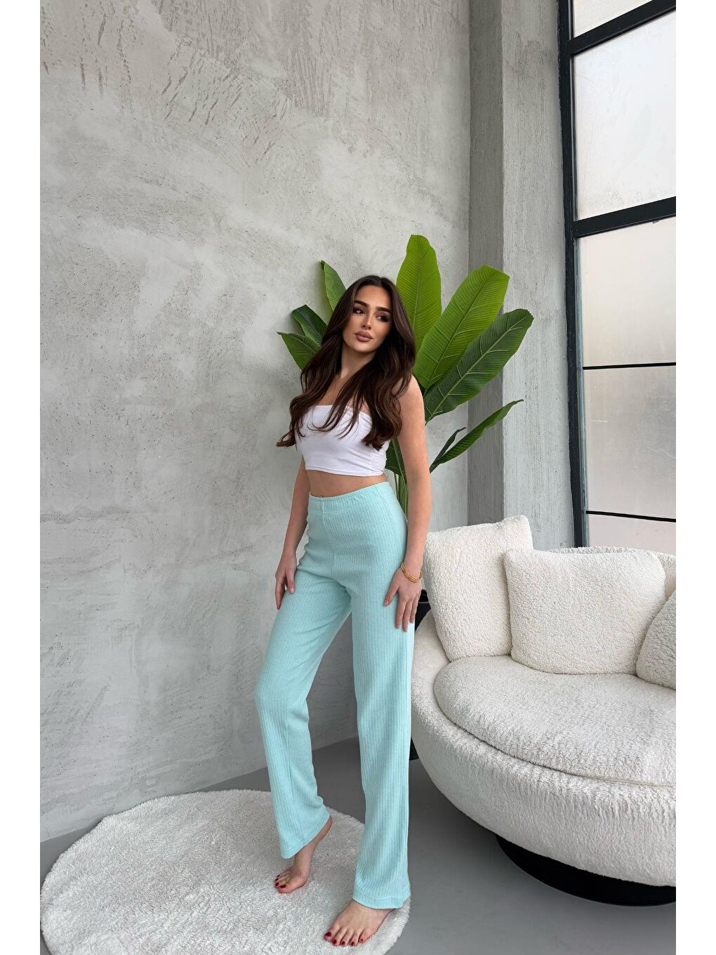 Turkuaz Kadın Su Yeşili Yüksek Bel Fitilli Bol Paça Günlük İnce Eşofman Altı Pijama-2