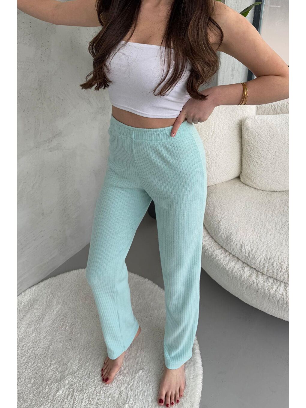 Turkuaz Kadın Su Yeşili Yüksek Bel Fitilli Bol Paça Günlük İnce Eşofman Altı Pijama-3