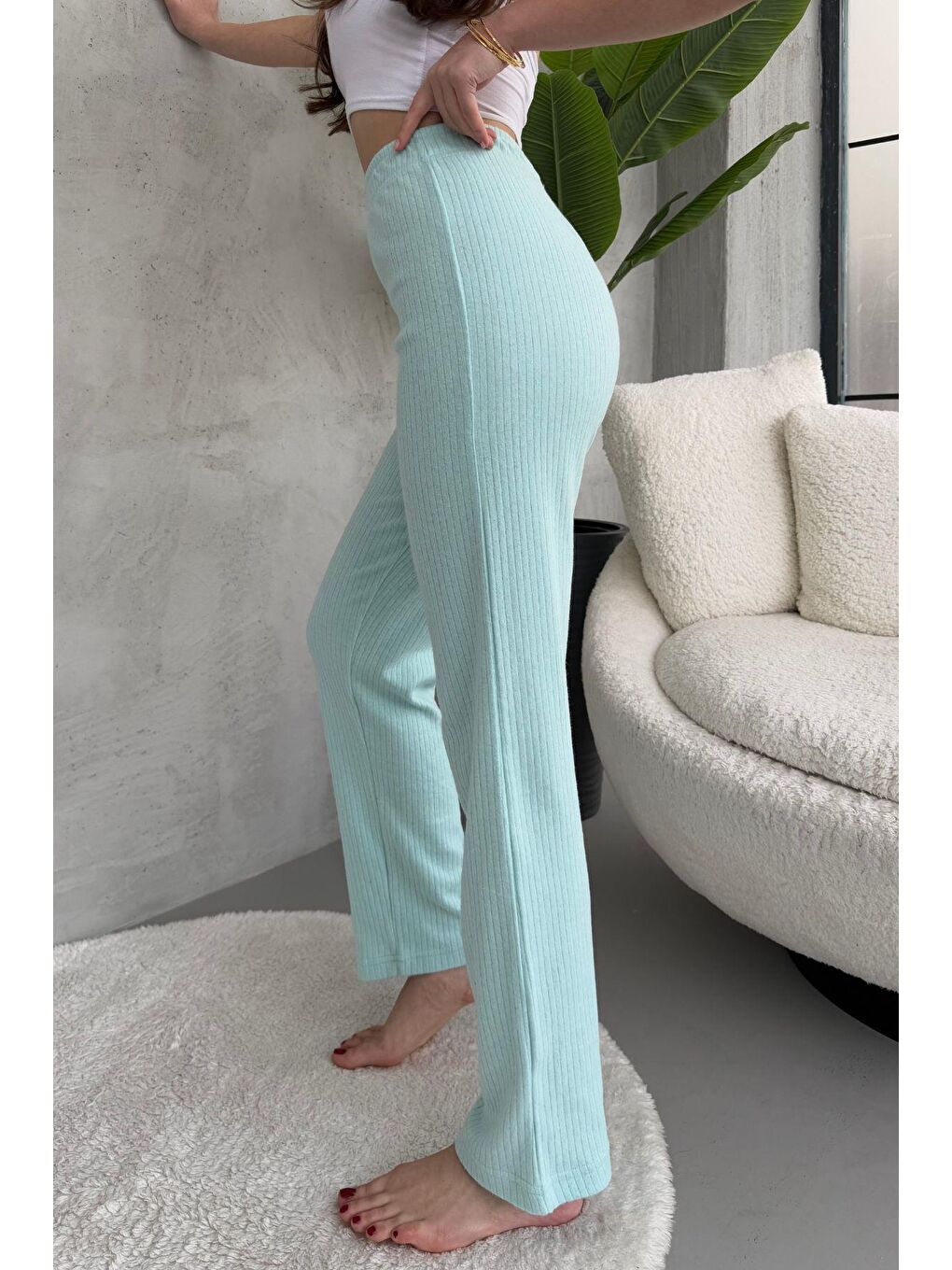 Turkuaz Kadın Su Yeşili Yüksek Bel Fitilli Bol Paça Günlük İnce Eşofman Altı Pijama-4