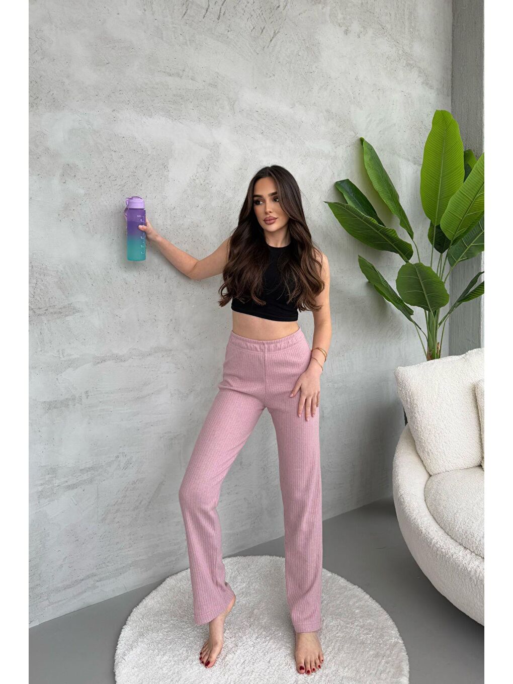 Pembe Kadın Gül Kurusu Yüksek Bel Fitilli Bol Paça Günlük İnce Eşofman Altı Pijama