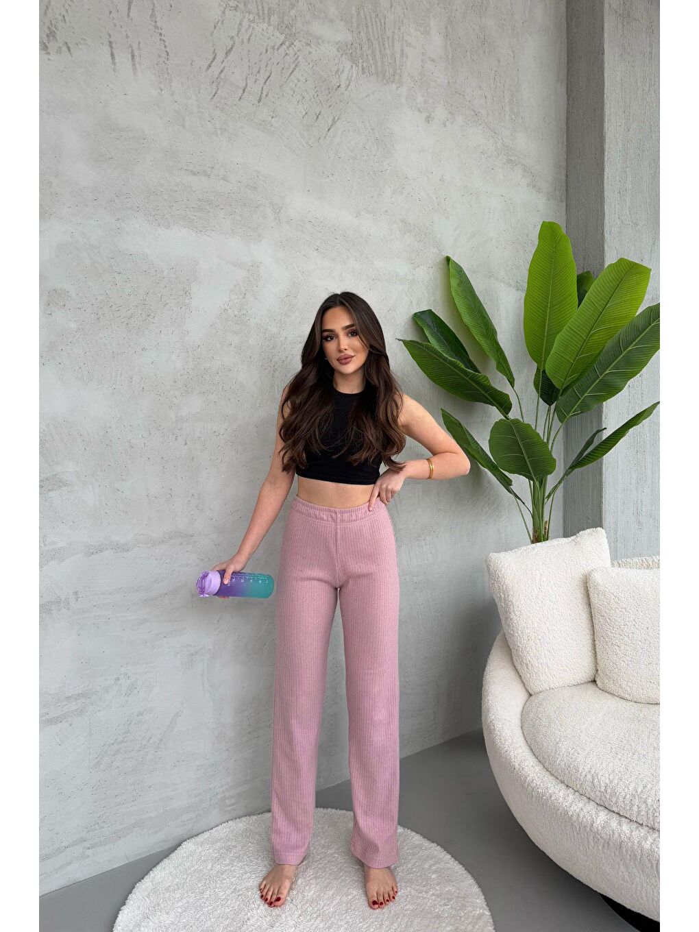 Pembe Kadın Gül Kurusu Yüksek Bel Fitilli Bol Paça Günlük İnce Eşofman Altı Pijama-1