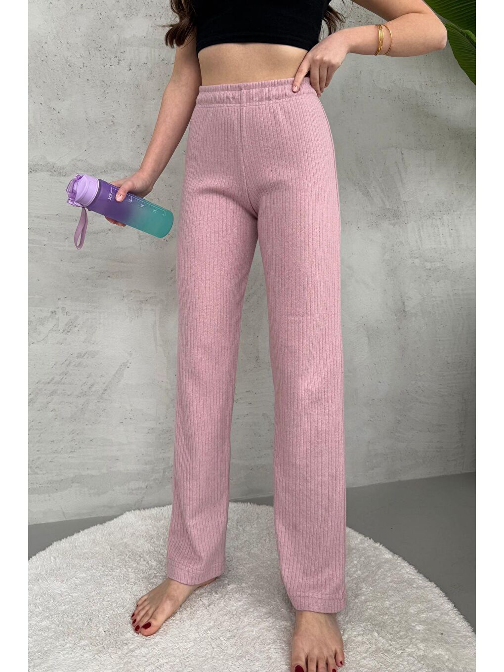 Pembe Kadın Gül Kurusu Yüksek Bel Fitilli Bol Paça Günlük İnce Eşofman Altı Pijama-2