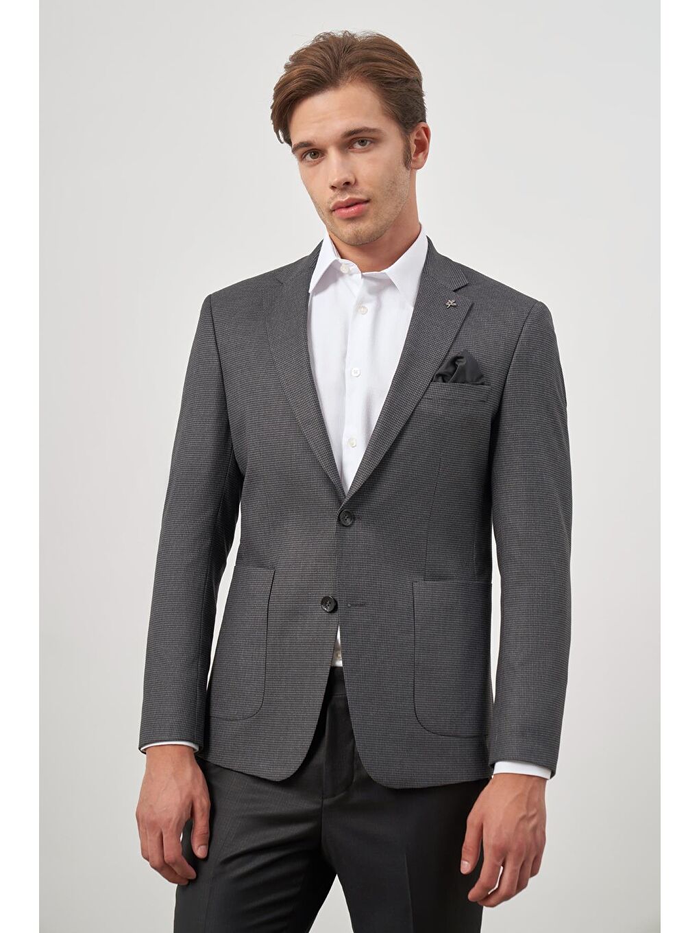 İMZA Koyu Antrasit Kazayağı Desen Mono Yaka 6 Drop Slim Fit Classic Ceket 1002245106