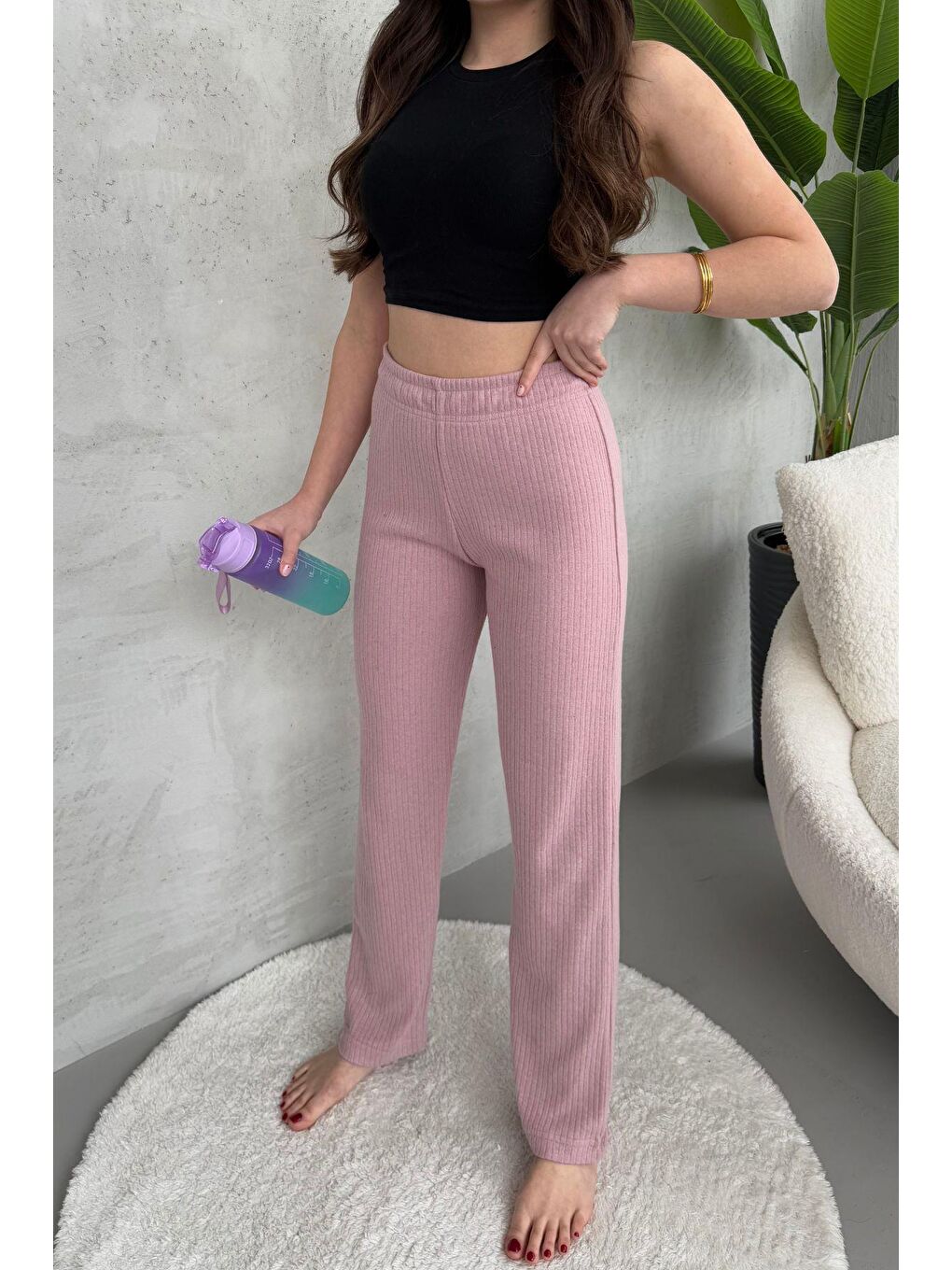 Pembe Kadın Gül Kurusu Yüksek Bel Fitilli Bol Paça Günlük İnce Eşofman Altı Pijama-3