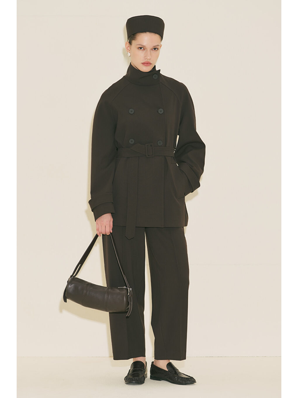 Kahverengi Yüksek Yaka Kemerli Trençkot Acı Kahve-2