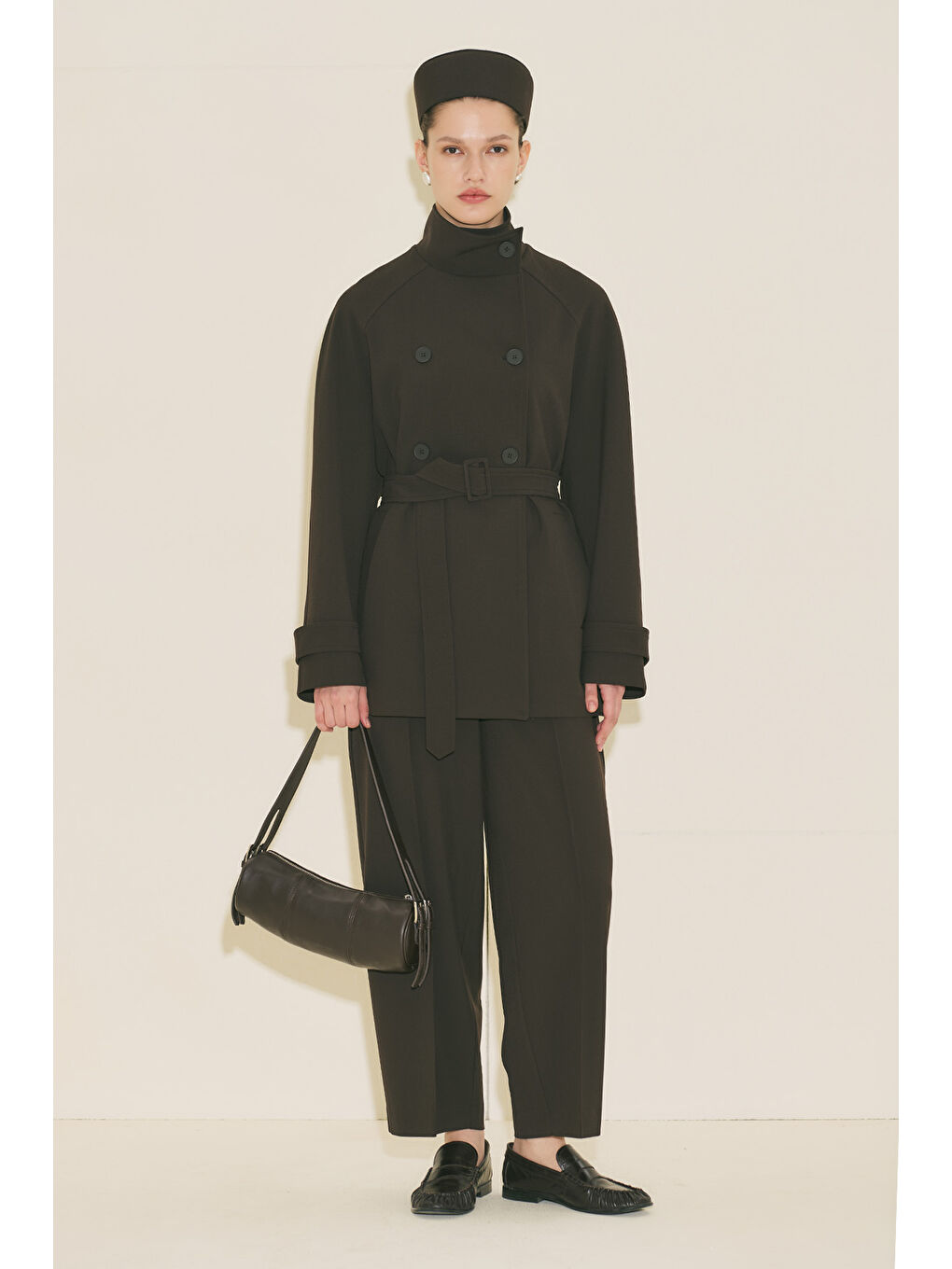 Kahverengi Yüksek Yaka Kemerli Trençkot Acı Kahve-3