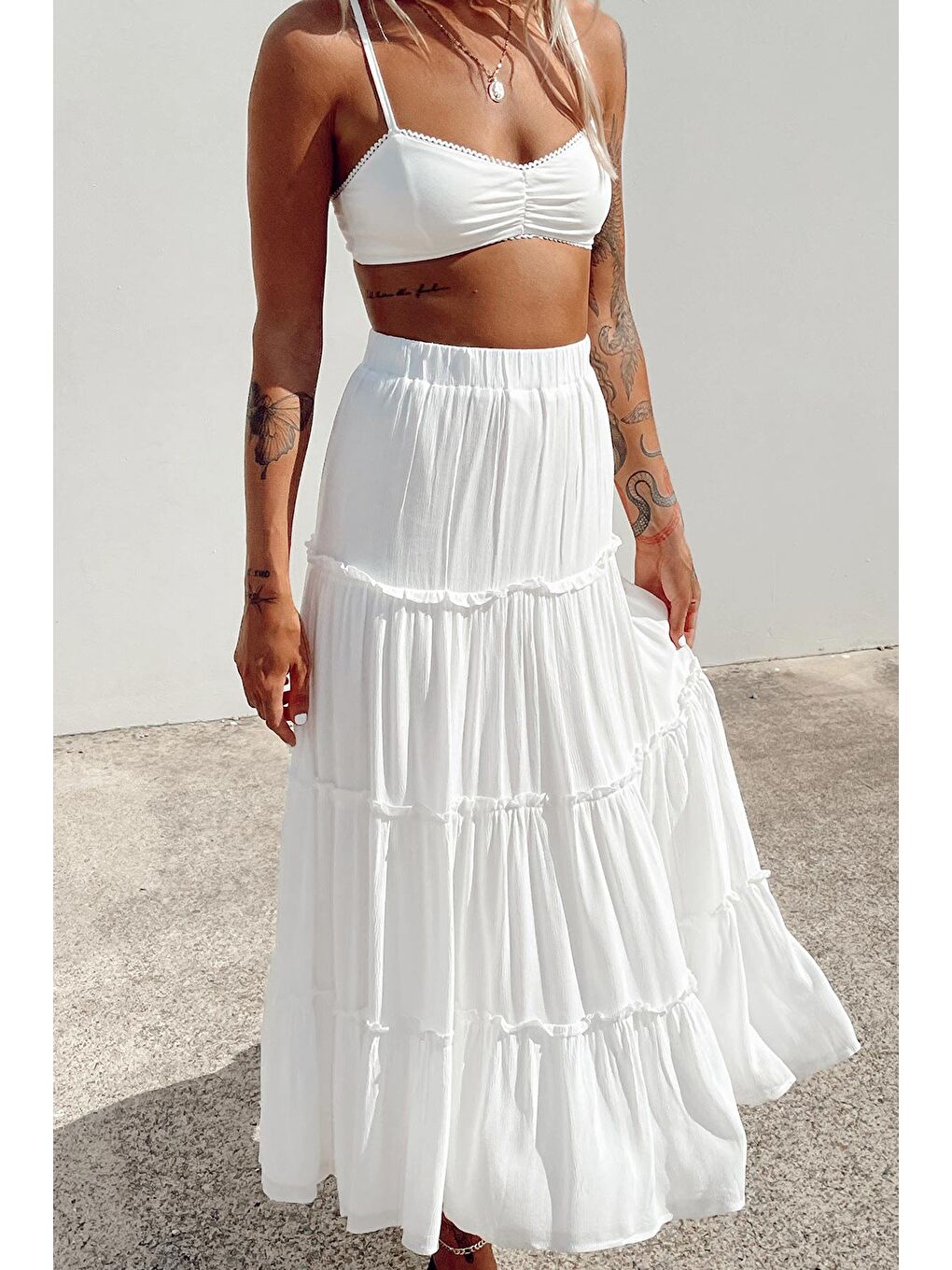 Beyaz Basic Pileli Kadın Uzun Etek-8