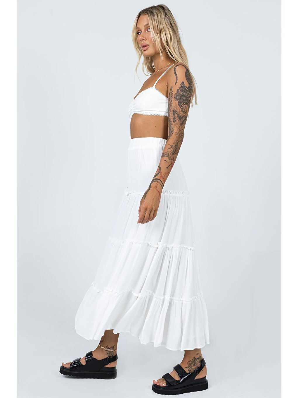 Beyaz Basic Pileli Kadın Uzun Etek-9