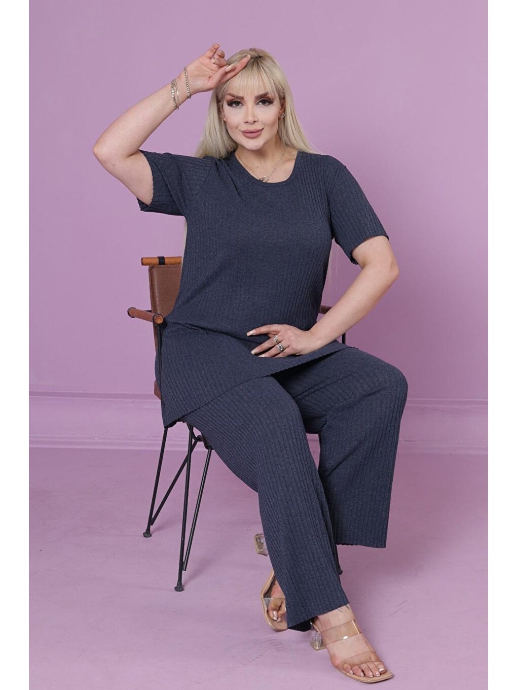 Lacivert Büyük Beden Fitilli Kısa Kol Tunik Pijama Takımı