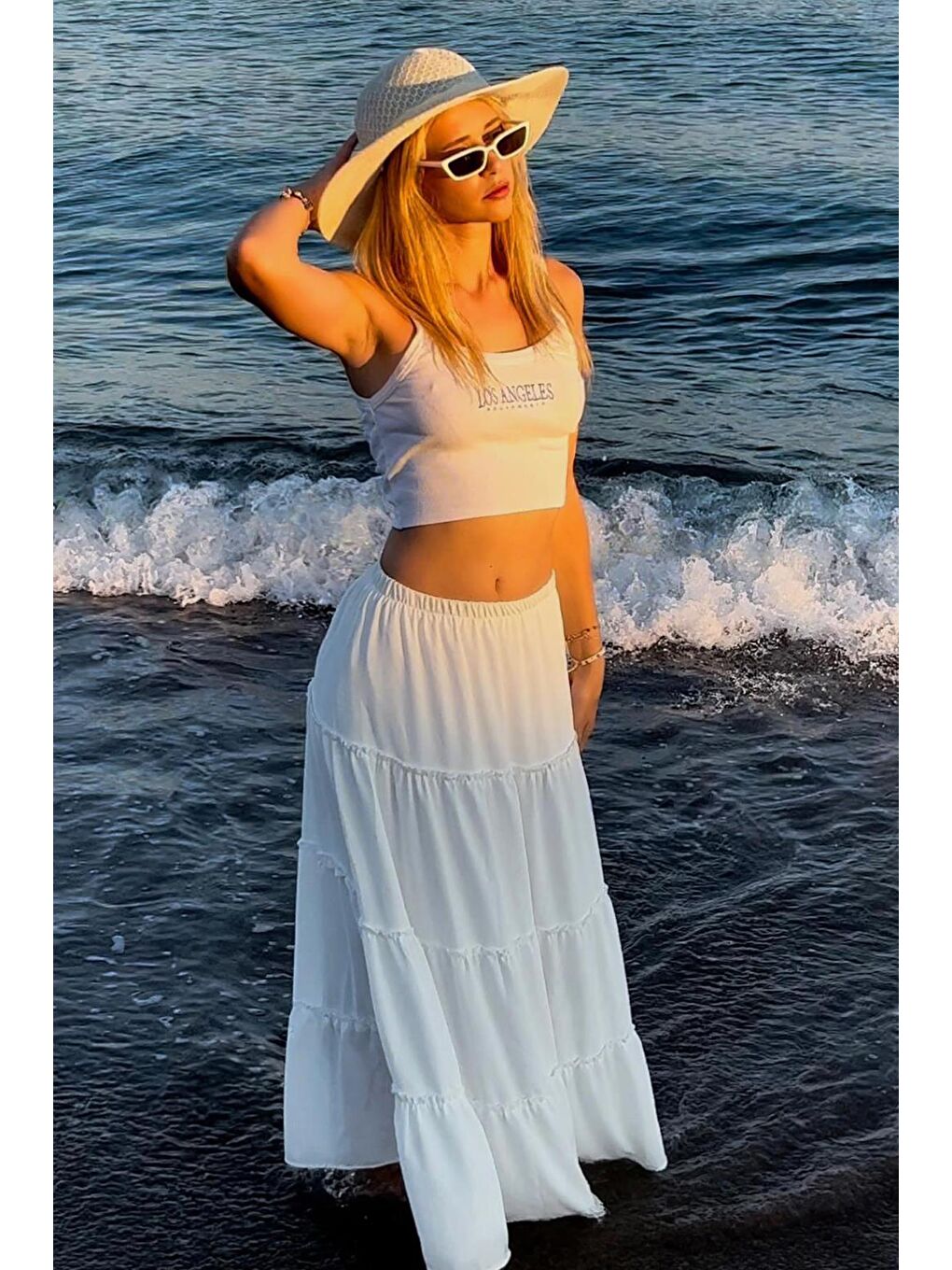 Beyaz Basic Pileli Kadın Uzun Etek-10