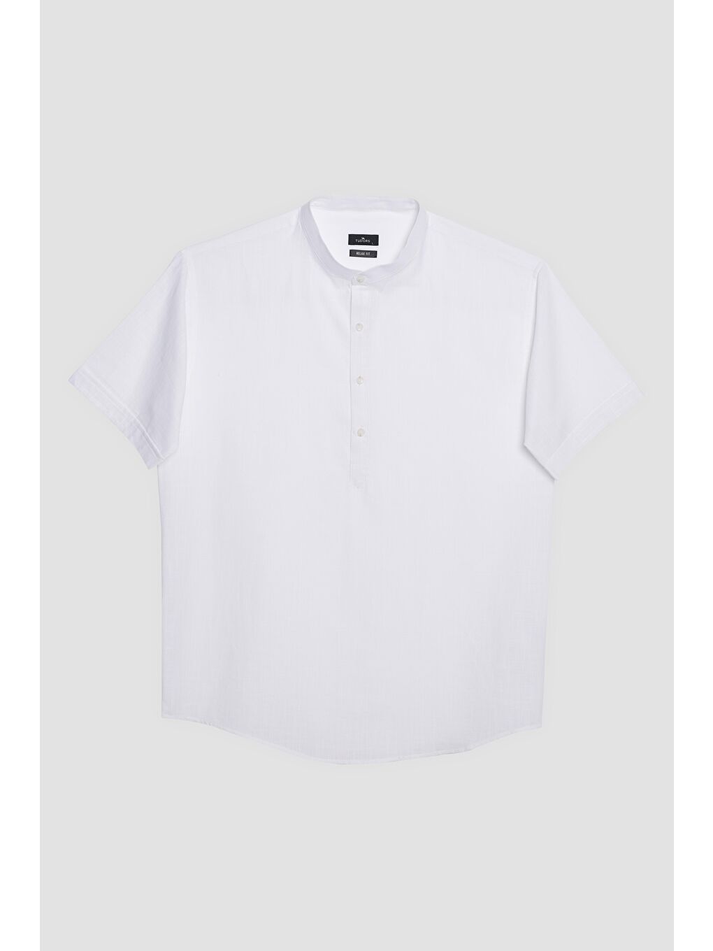 Erkek Relax Fit Rahat Kesim Kısa Kollu %100 Pamuk Keten Doku Armürlü Beyaz Hakim Yaka Gömlek