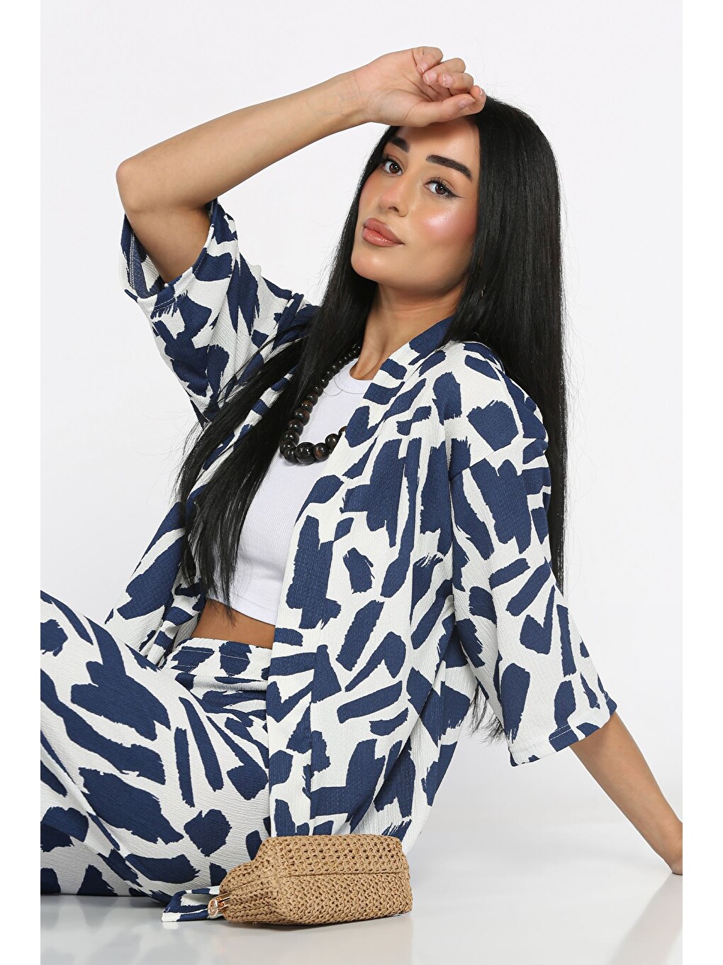 Lacivert Kadın Desenli Kimono Pantolon İkili Takım