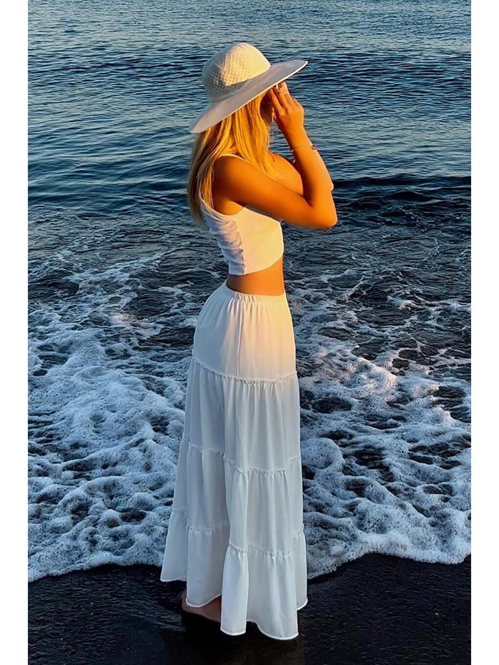 Beyaz Basic Pileli Kadın Uzun Etek-11