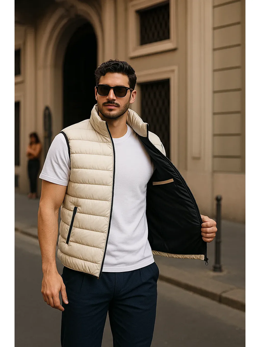 Ekru Erkek Kışlık Premium Basic Astarlı Krem Şişme Yelek