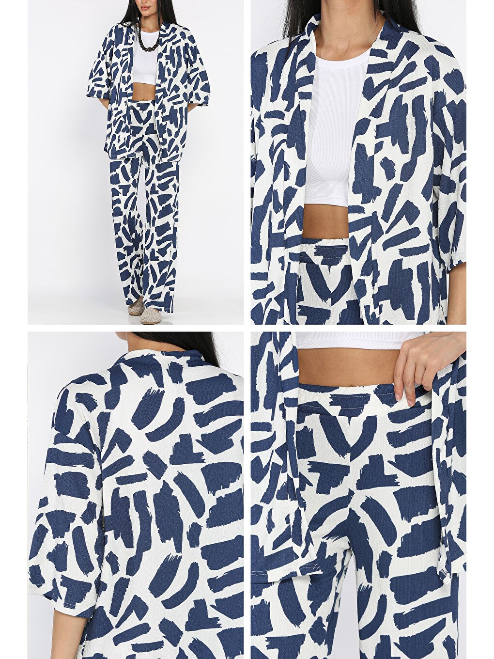 Lacivert Kadın Desenli Kimono Pantolon İkili Takım-4