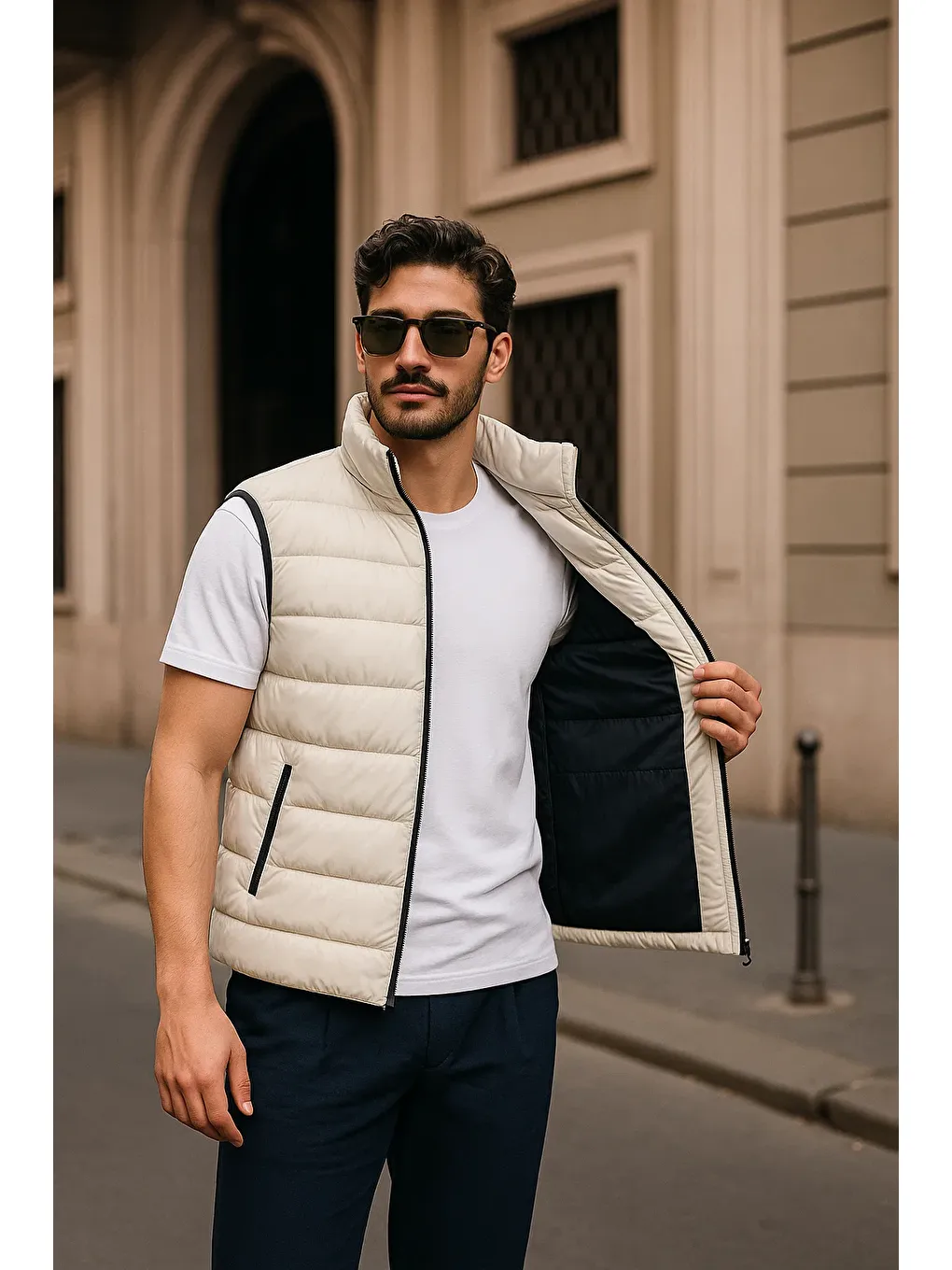 Ekru Erkek Kışlık Premium Basic Astarlı Krem Şişme Yelek-1