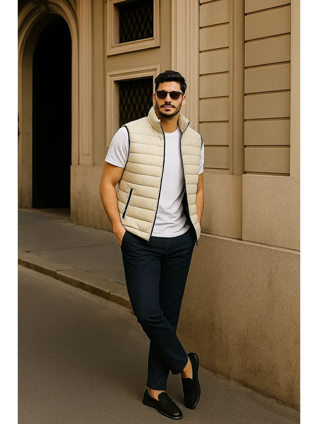 Ekru Erkek Kışlık Premium Basic Astarlı Krem Şişme Yelek-2