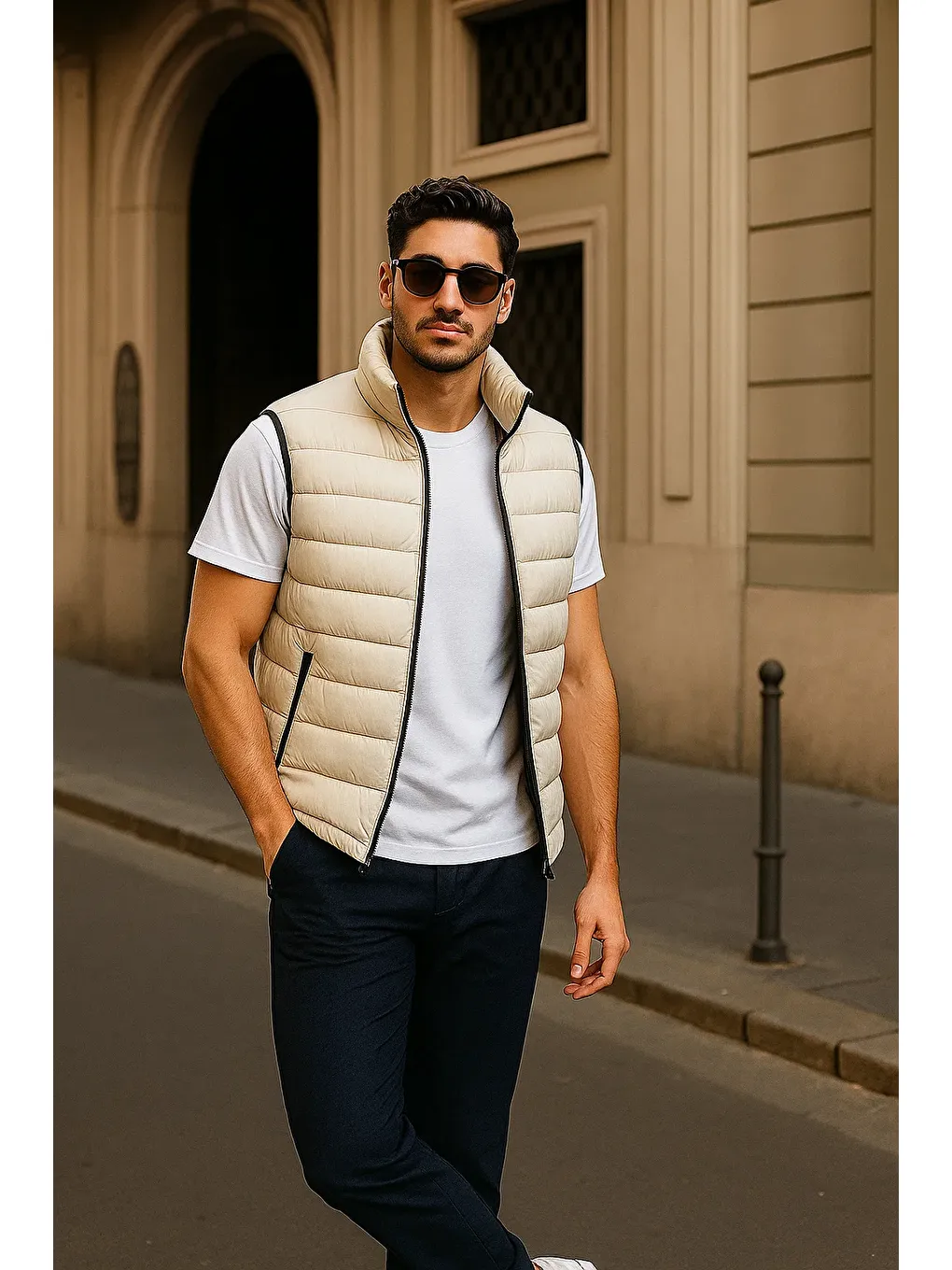 Ekru Erkek Kışlık Premium Basic Astarlı Krem Şişme Yelek-3