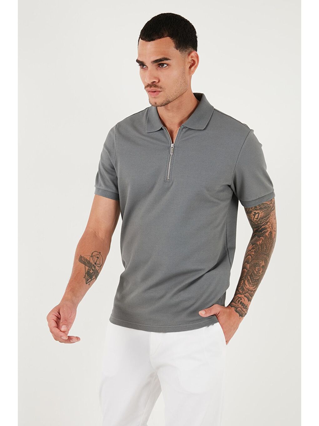 Buratti Açık Haki Pamuklu Regular Fit Fermuarlı Polo Yaka Erkek T Shirt 5902915 - 4