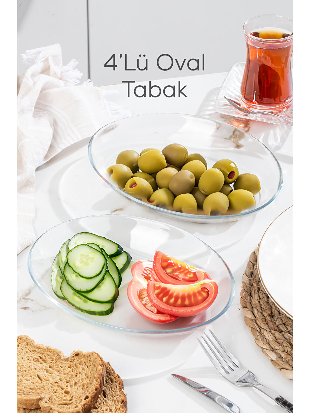 Renksiz 10357 4lü Oval Servis Tabak Seti - Şeffaf Cam Sunum Tabakları 21x16 cm