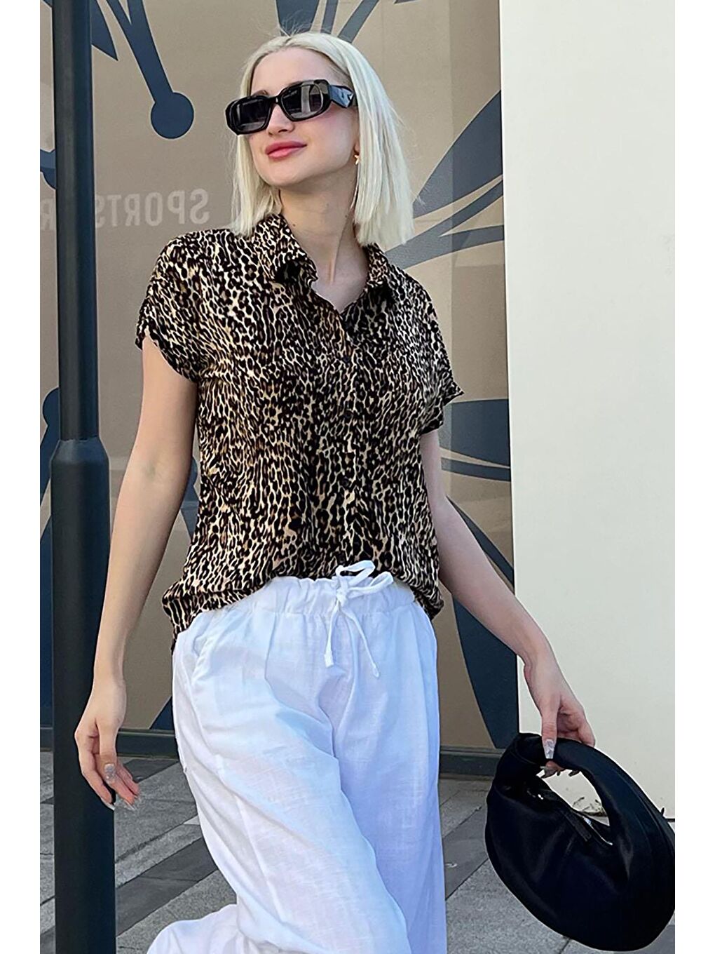 Bej Leopar Desenli Kısa Kollu Kadın Gömlek Mg2098-1
