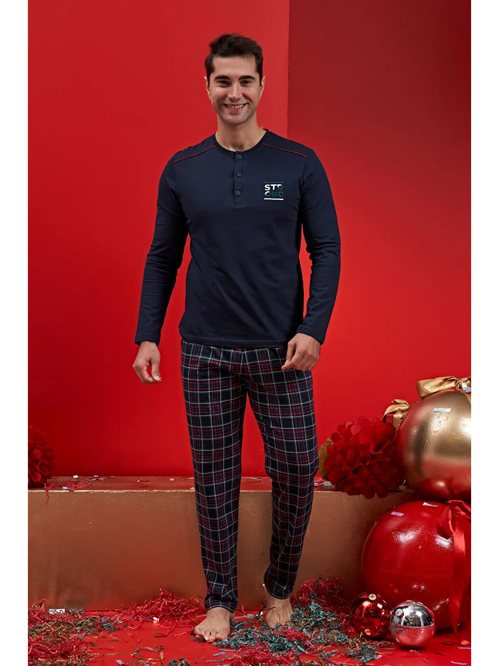 Erkek Şardonlu Penye Pijama Takımı 1585 Lacivert