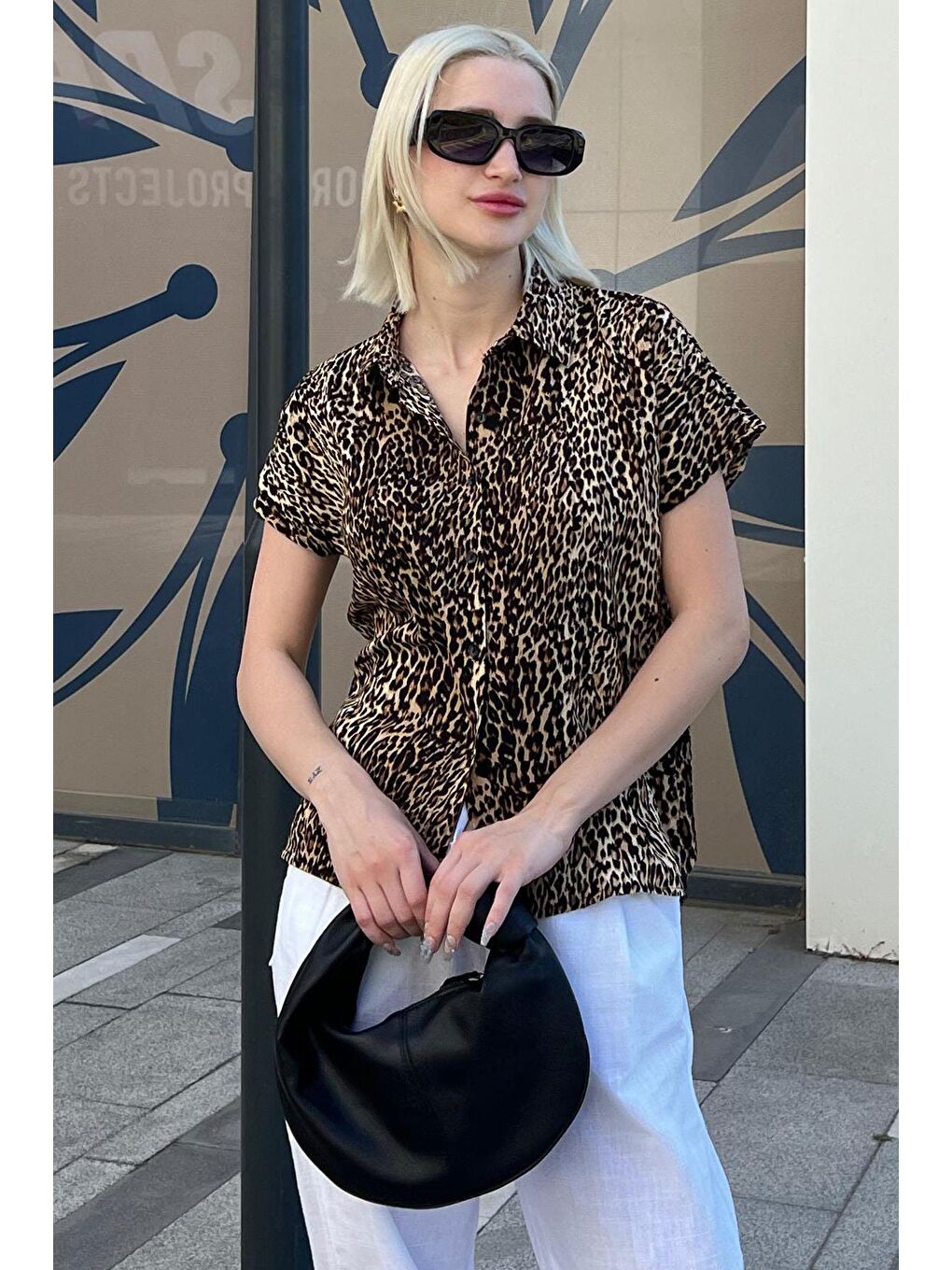 Bej Leopar Desenli Kısa Kollu Kadın Gömlek Mg2098-2