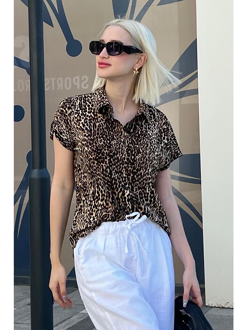 Bej Leopar Desenli Kısa Kollu Kadın Gömlek Mg2098-4