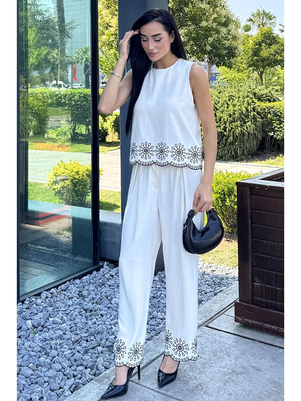 Bej İşlemeli Bluz Pantolon İkili Takım-1