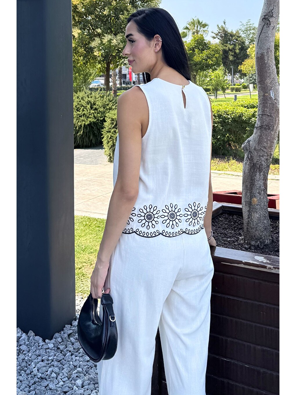 Bej İşlemeli Bluz Pantolon İkili Takım-3