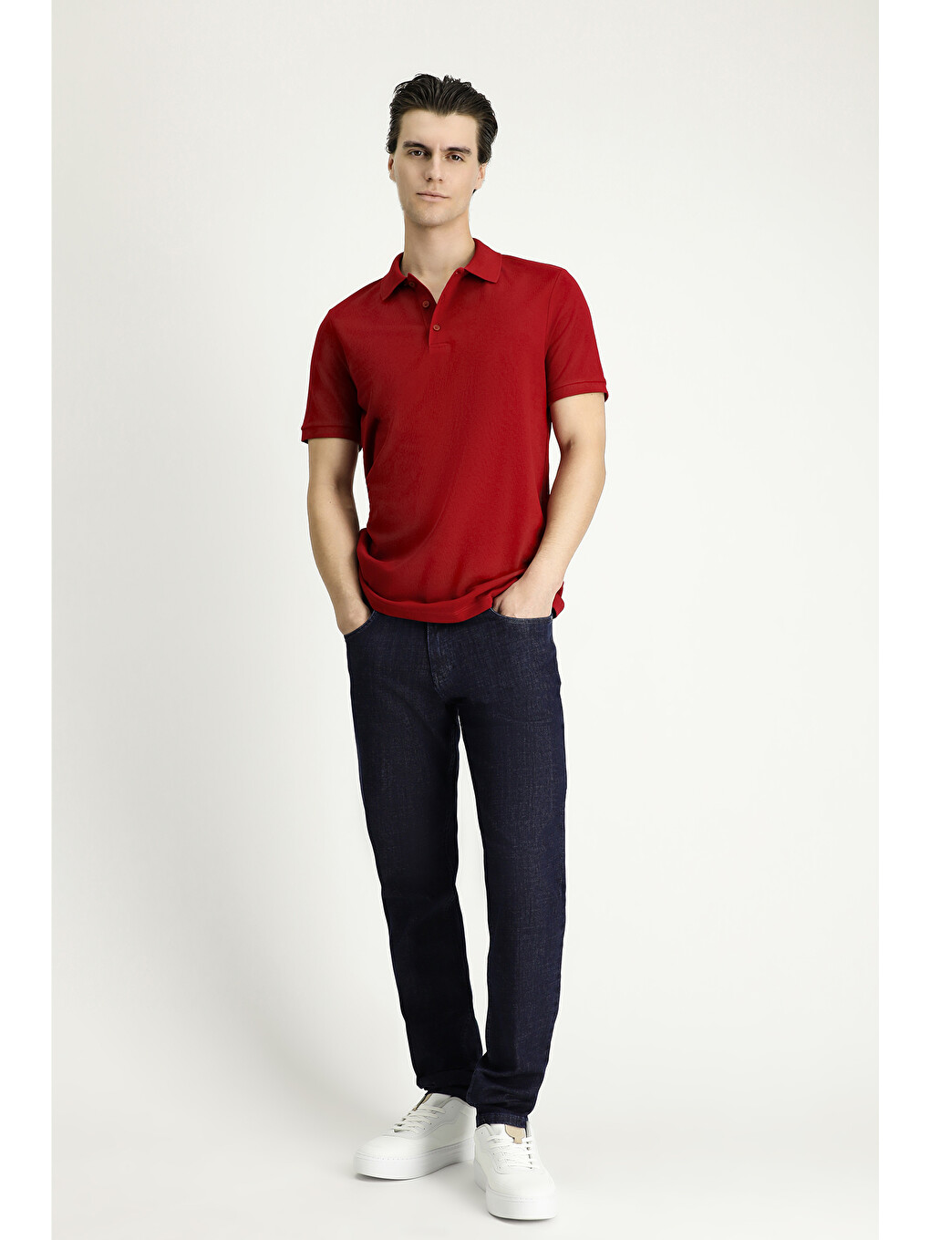 Kırmızı Slim Fit Dar Kesim Nakışlı Pamuk Polo Yaka Tişört-1