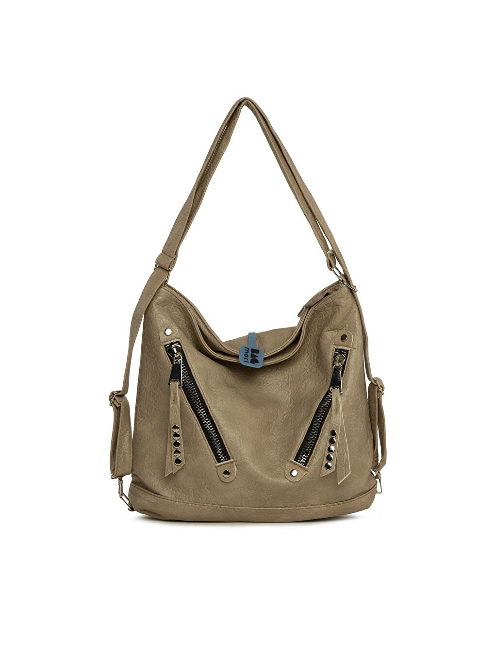 Bej Yumuşak Dokulu Çift Çapraz Fermuarlı Askılı ve Sırt Salaş Çanta