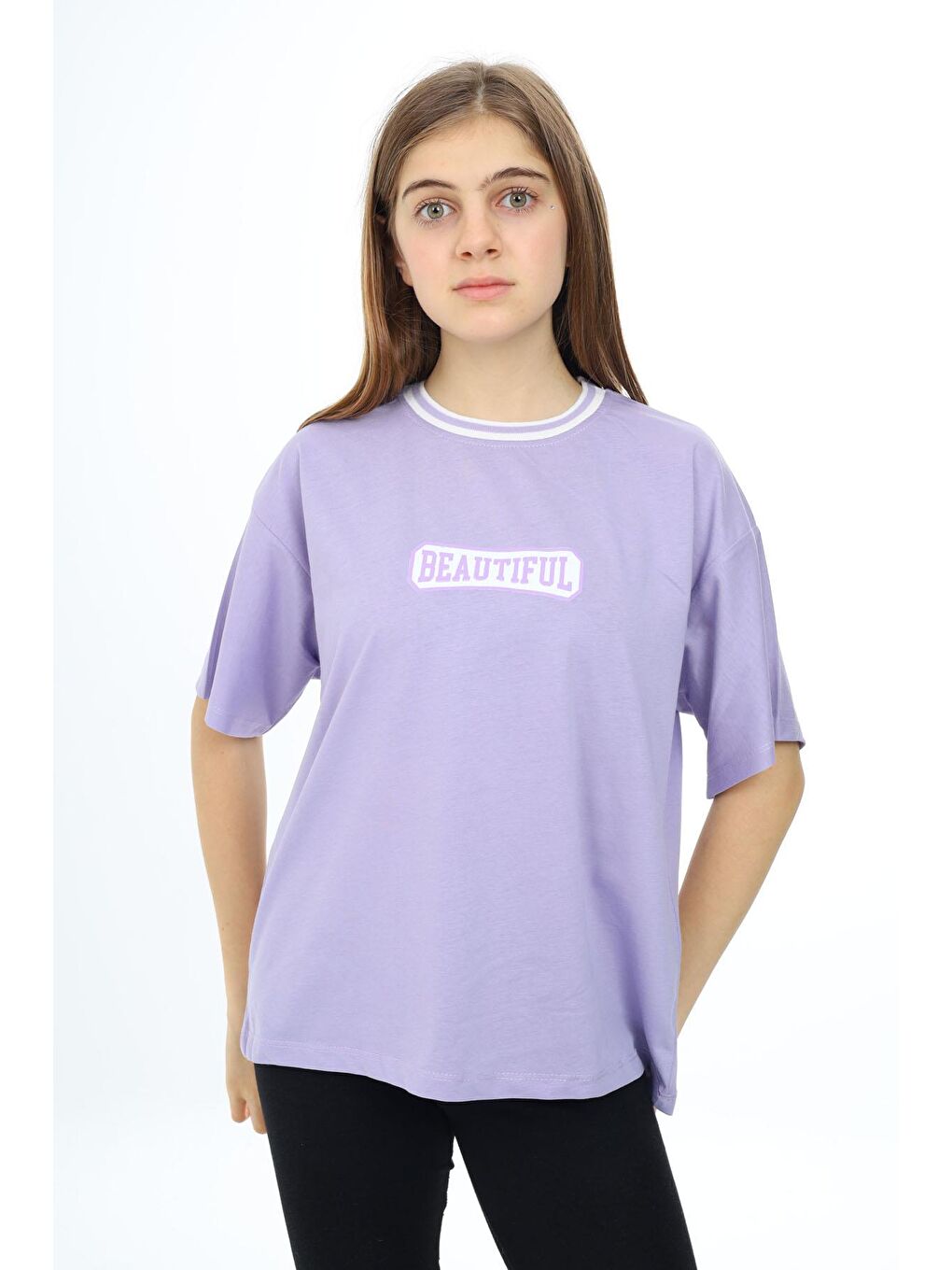 Lila Beautiful Yazılı Oversize Kız Tişört