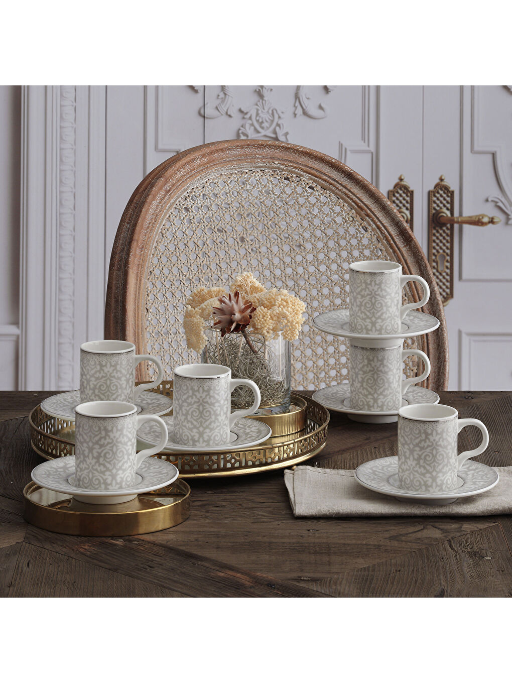 Ekru Camelia 12 Parça 6 Kişilik Bone Türk Kahvesi Fincan Takımı - 5595