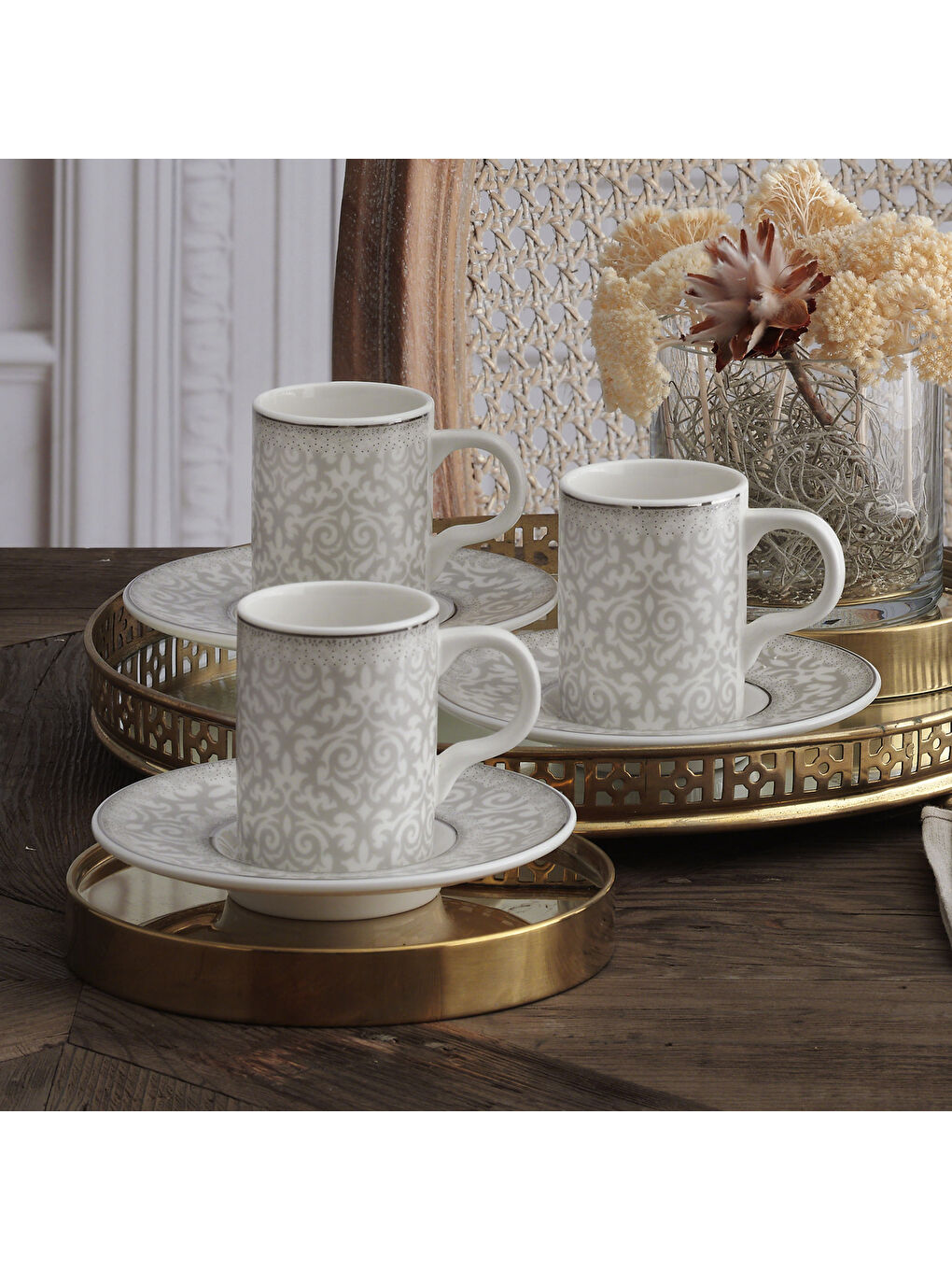 Ekru Camelia 12 Parça 6 Kişilik Bone Türk Kahvesi Fincan Takımı - 5595-1