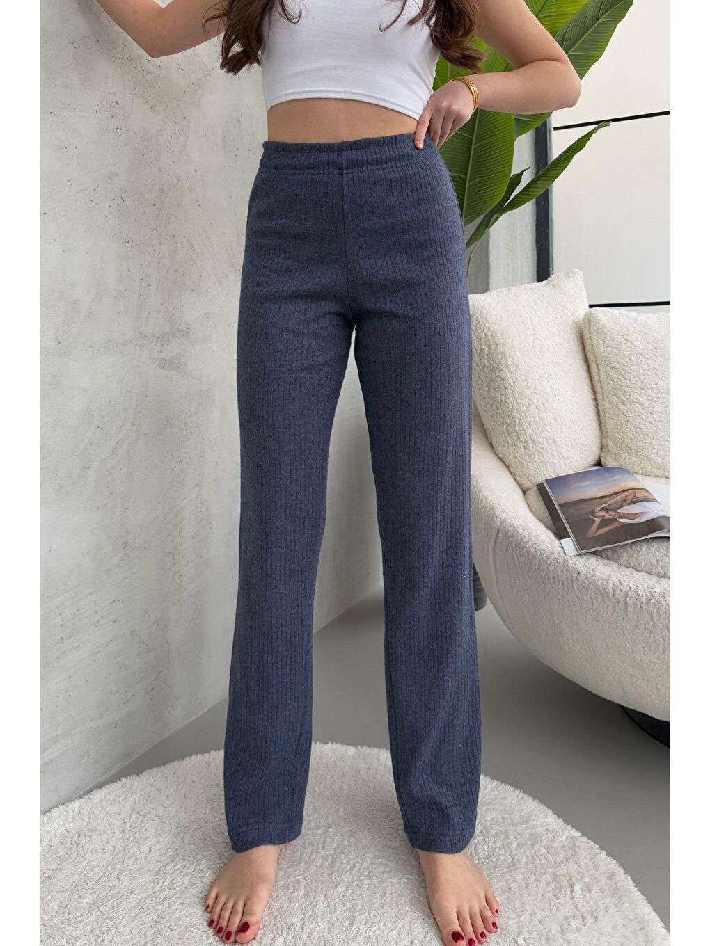 Gri Kadın Füme Yüksek Bel Fitilli Bol Paça Günlük İnce Eşofman Altı Pijama-2