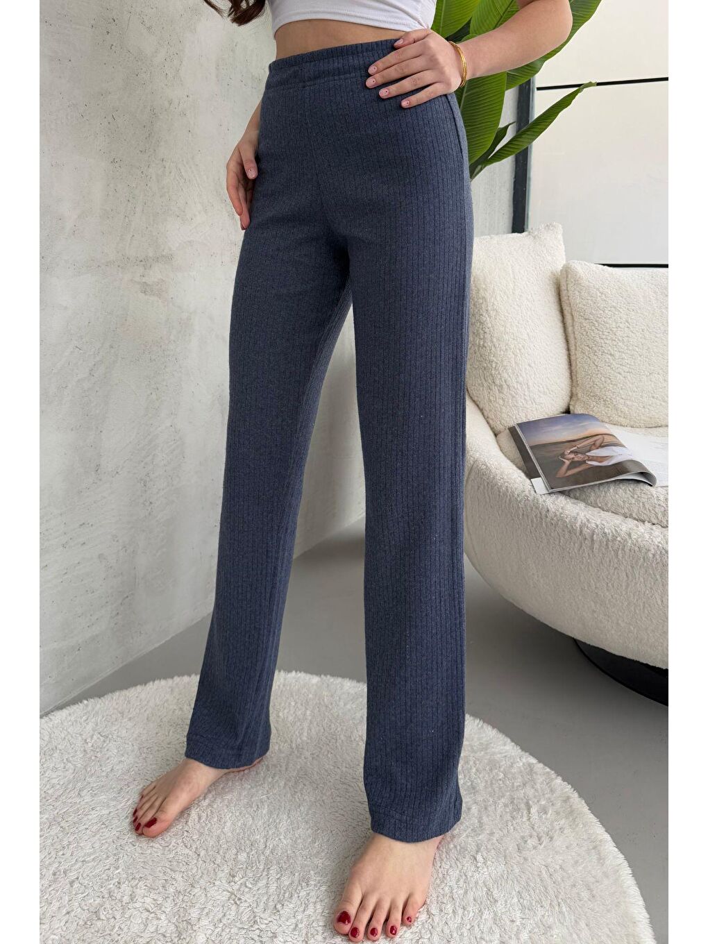 Gri Kadın Füme Yüksek Bel Fitilli Bol Paça Günlük İnce Eşofman Altı Pijama-3