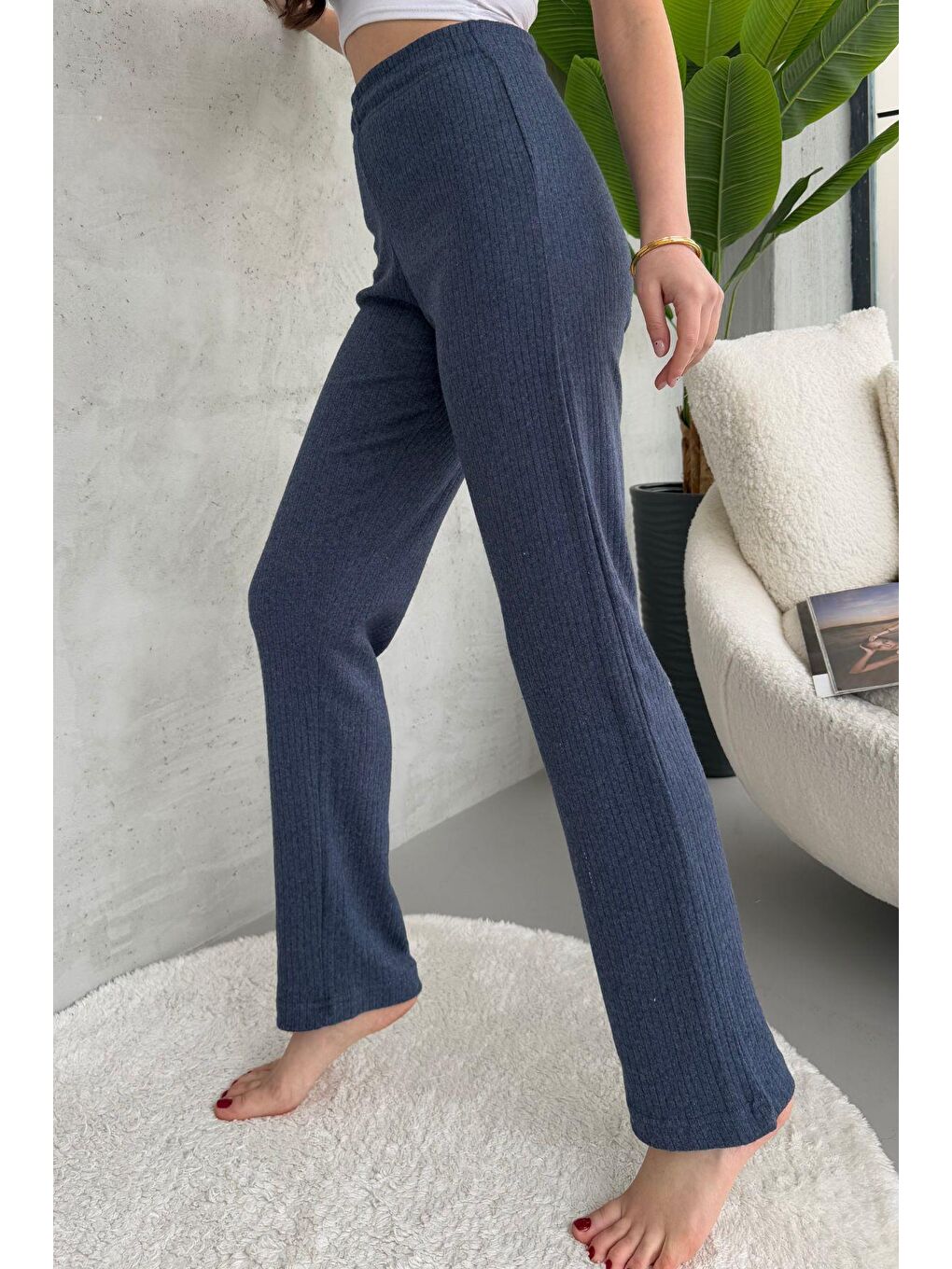 Gri Kadın Füme Yüksek Bel Fitilli Bol Paça Günlük İnce Eşofman Altı Pijama-4