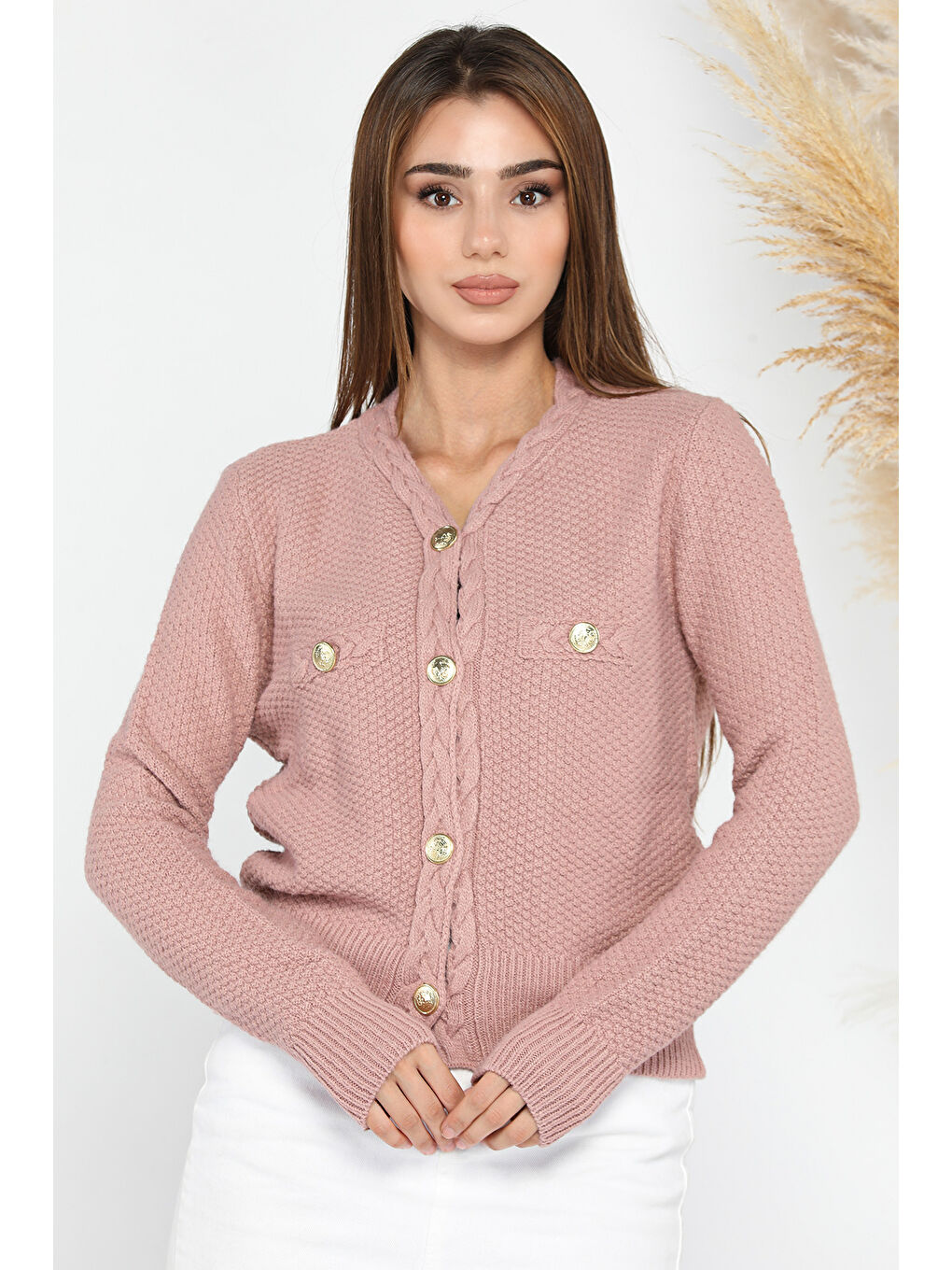 Pembe Kadın Şaç Örgü Desenli Triko Hırka-1