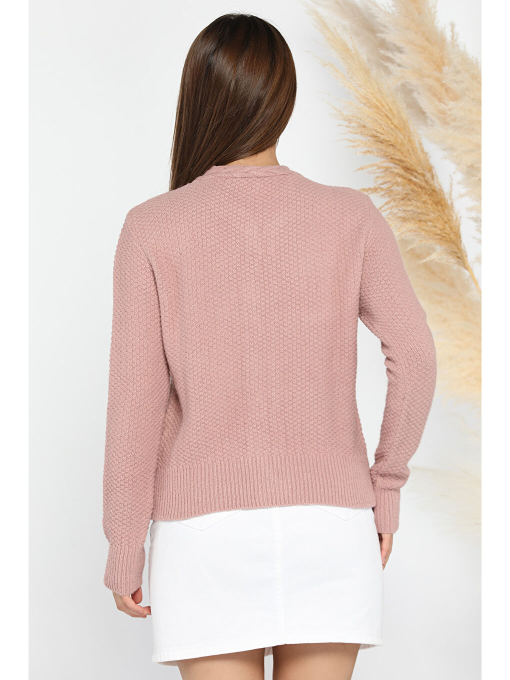 Pembe Kadın Şaç Örgü Desenli Triko Hırka-2