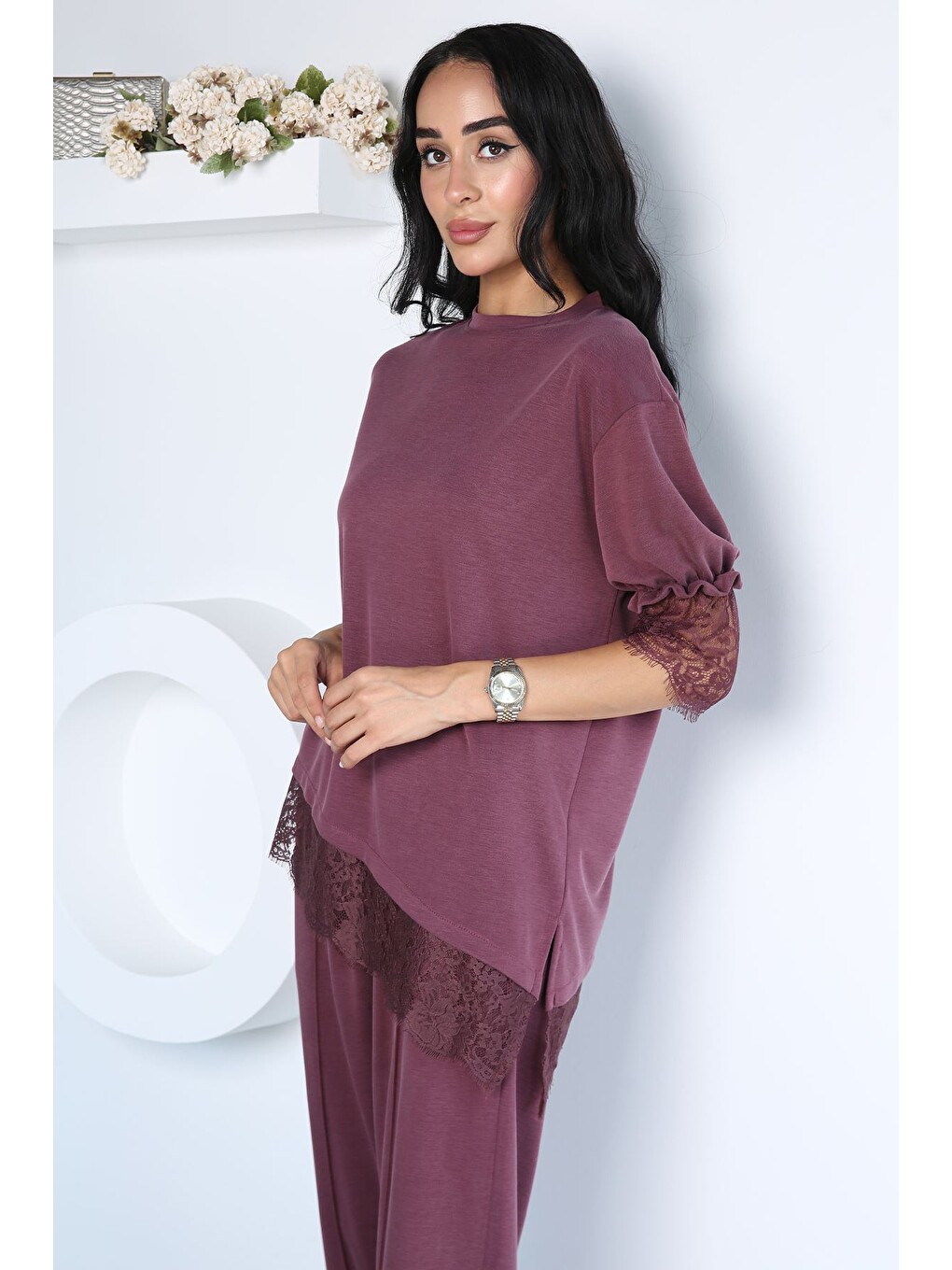 Bordo Dantel Detaylı Bluz Pantolon Kubra Modal İkili Takım-1