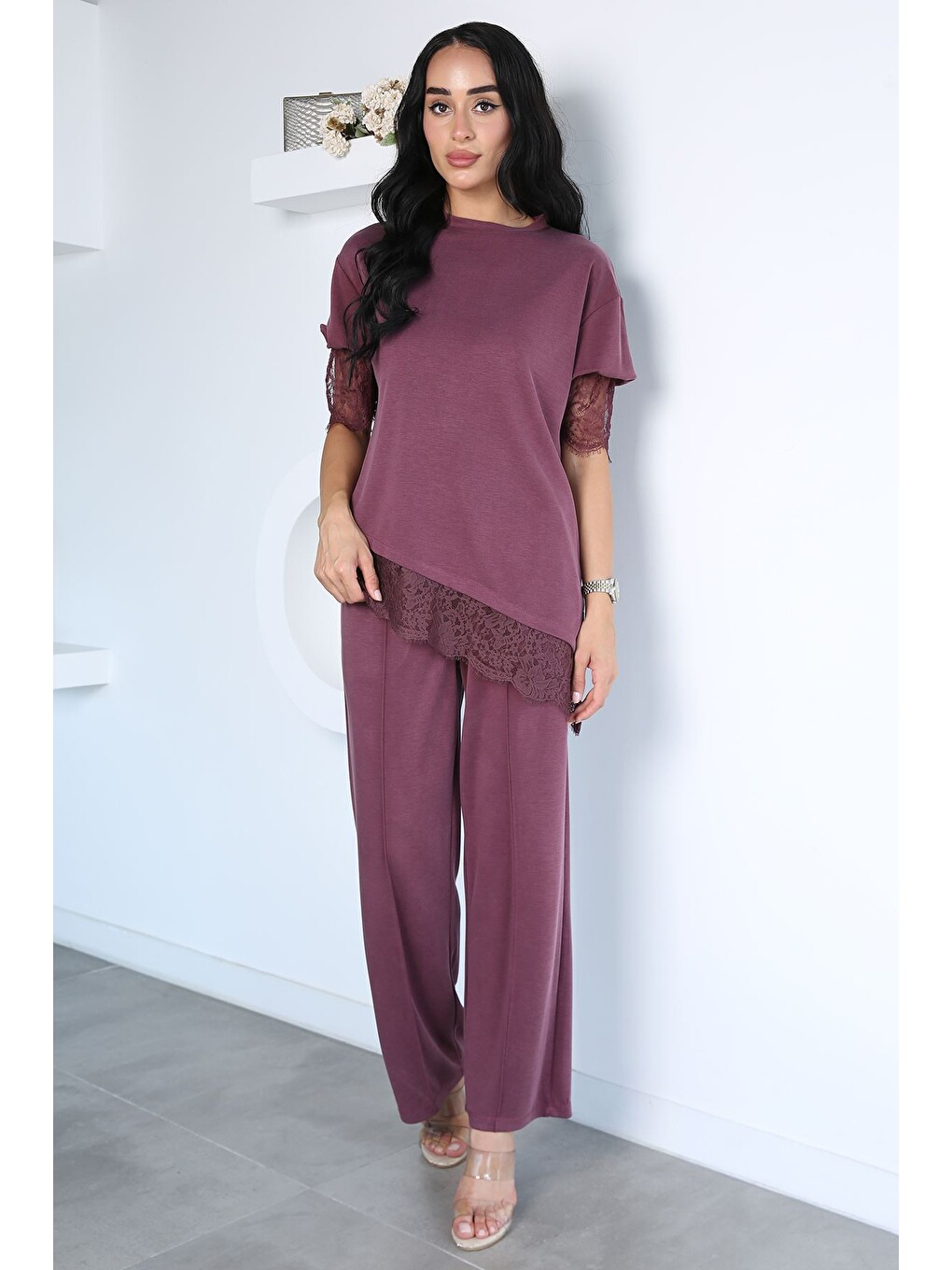 Bordo Dantel Detaylı Bluz Pantolon Kubra Modal İkili Takım-2