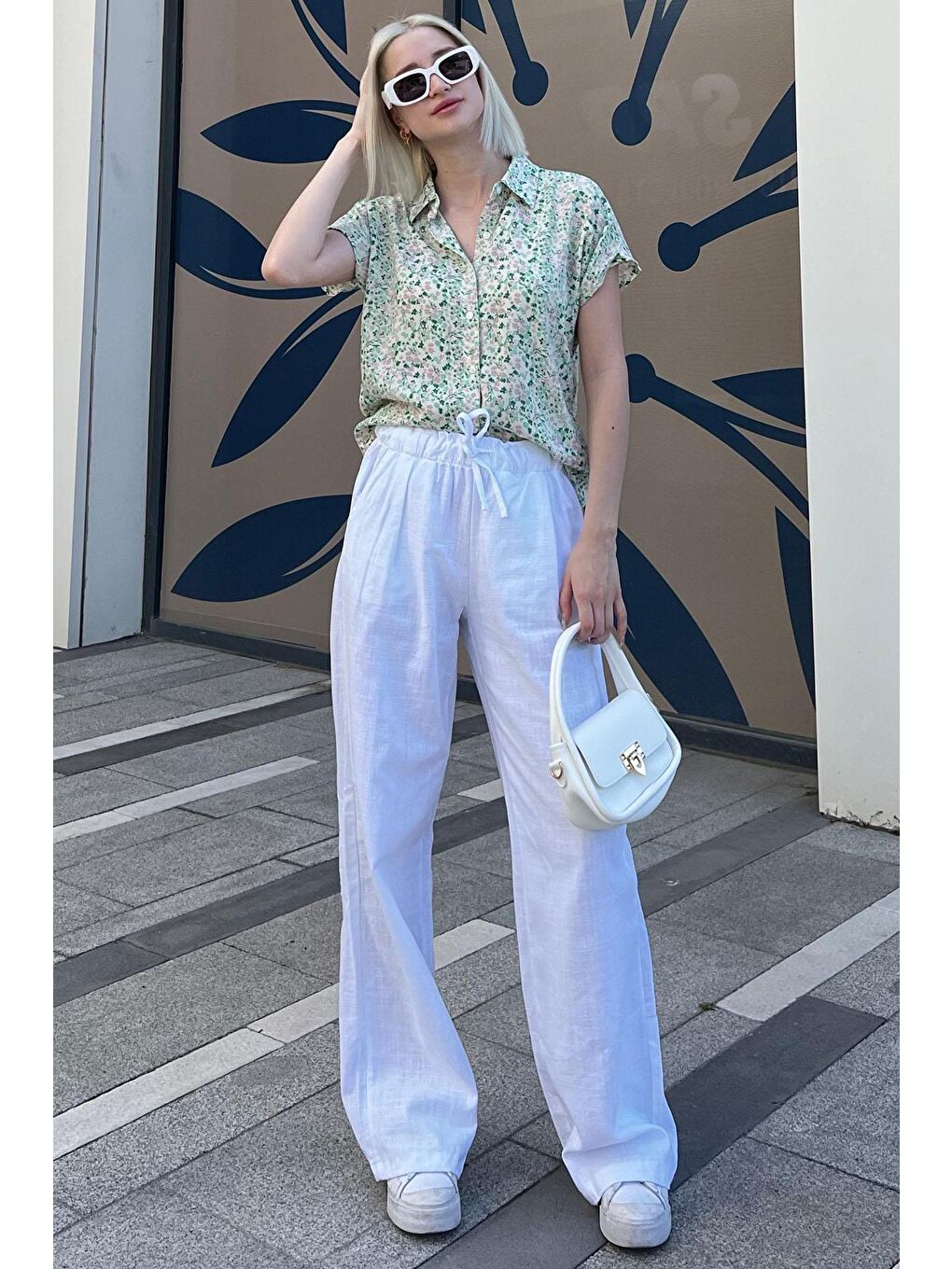 Yeşil Çiçek Desenli Kısa Kollu Kadın Gömlek Mg2098-3