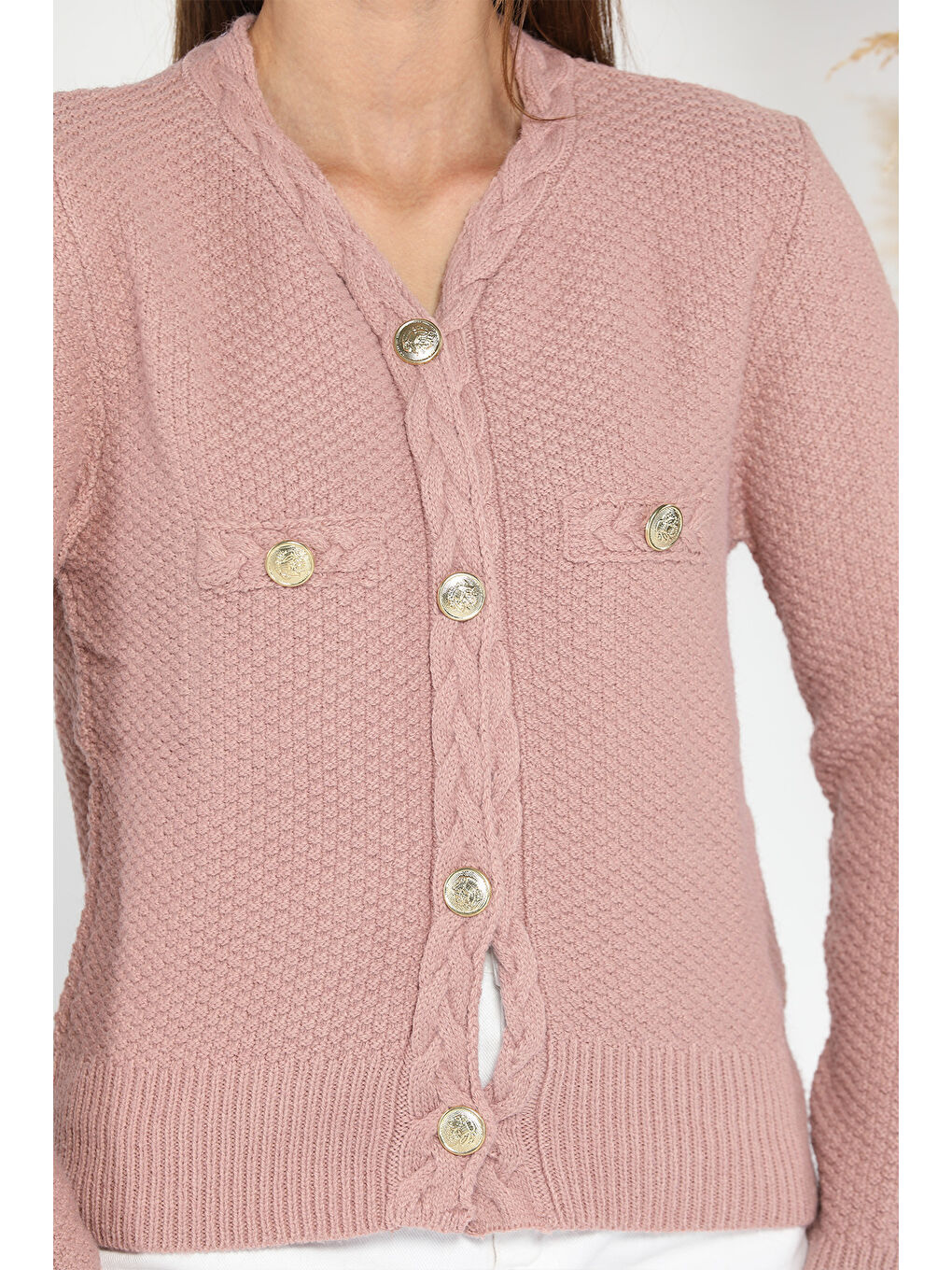 Pembe Kadın Şaç Örgü Desenli Triko Hırka-3