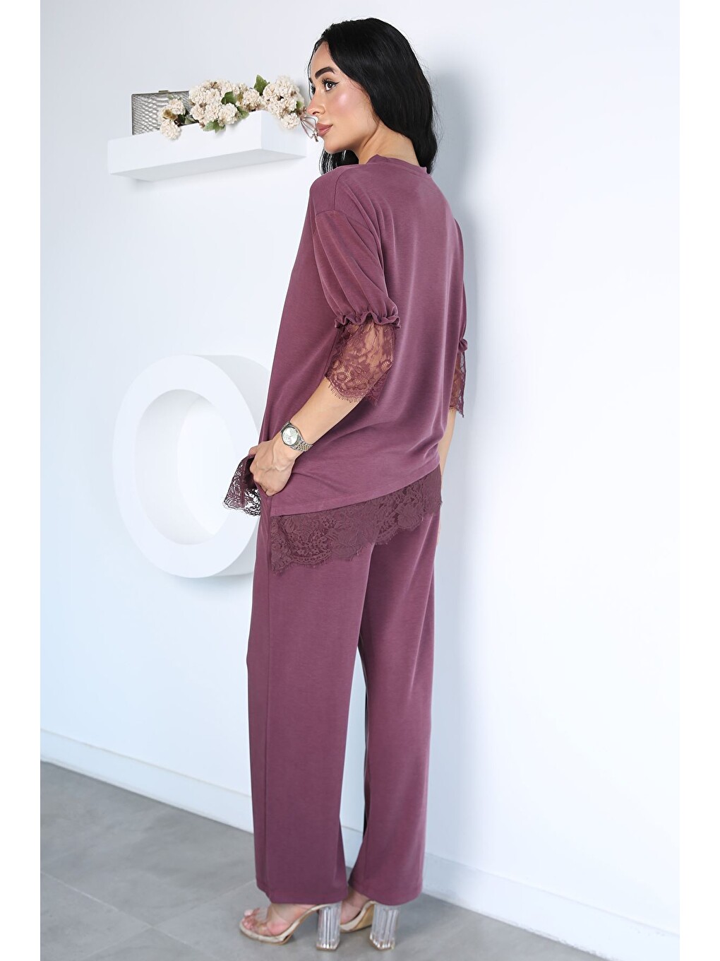 Bordo Dantel Detaylı Bluz Pantolon Kubra Modal İkili Takım-3