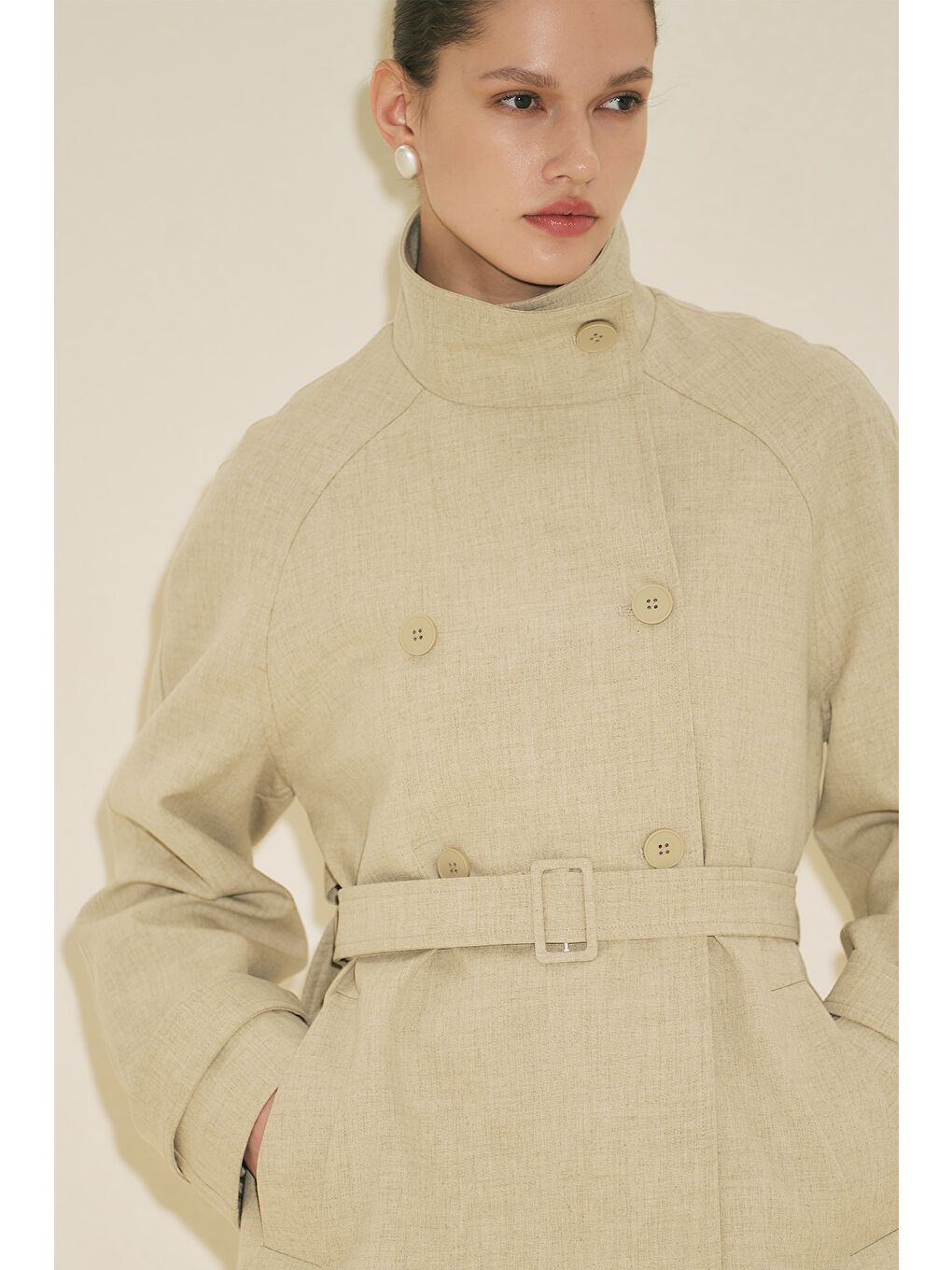 Yüksek Yaka Kemerli Trençkot Yeşil-3