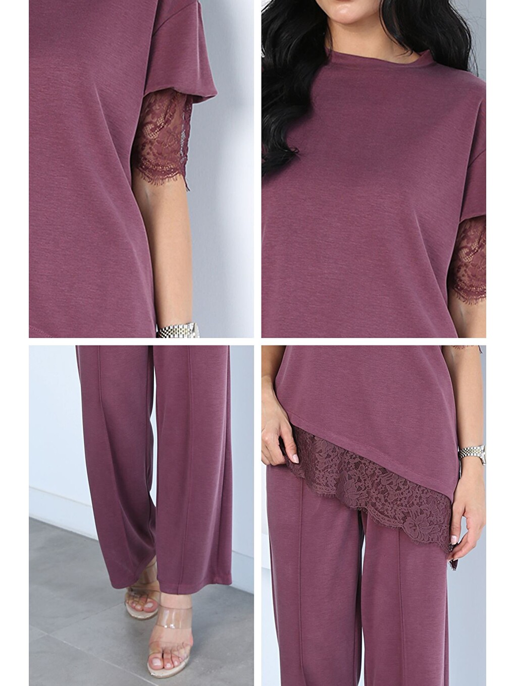 Bordo Dantel Detaylı Bluz Pantolon Kubra Modal İkili Takım-4