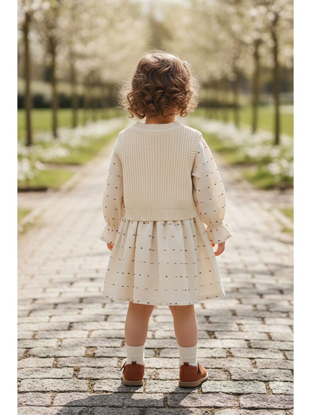 Kahverengi Fiyonklu Triko Süveterli Kız Çocuk Elbise-1