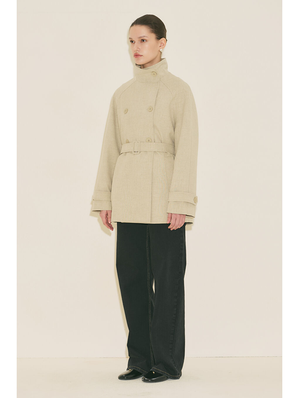 Yüksek Yaka Kemerli Trençkot Yeşil-5