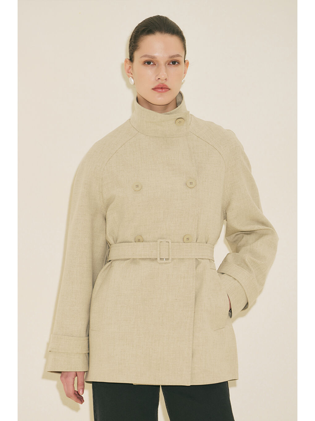 Yüksek Yaka Kemerli Trençkot Yeşil-6